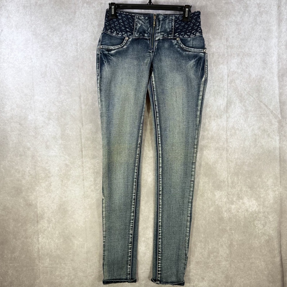 Sexy Couture‎ Denim Jeans Women 5 Skinny Embroidered Grid Rhinestones Distressed